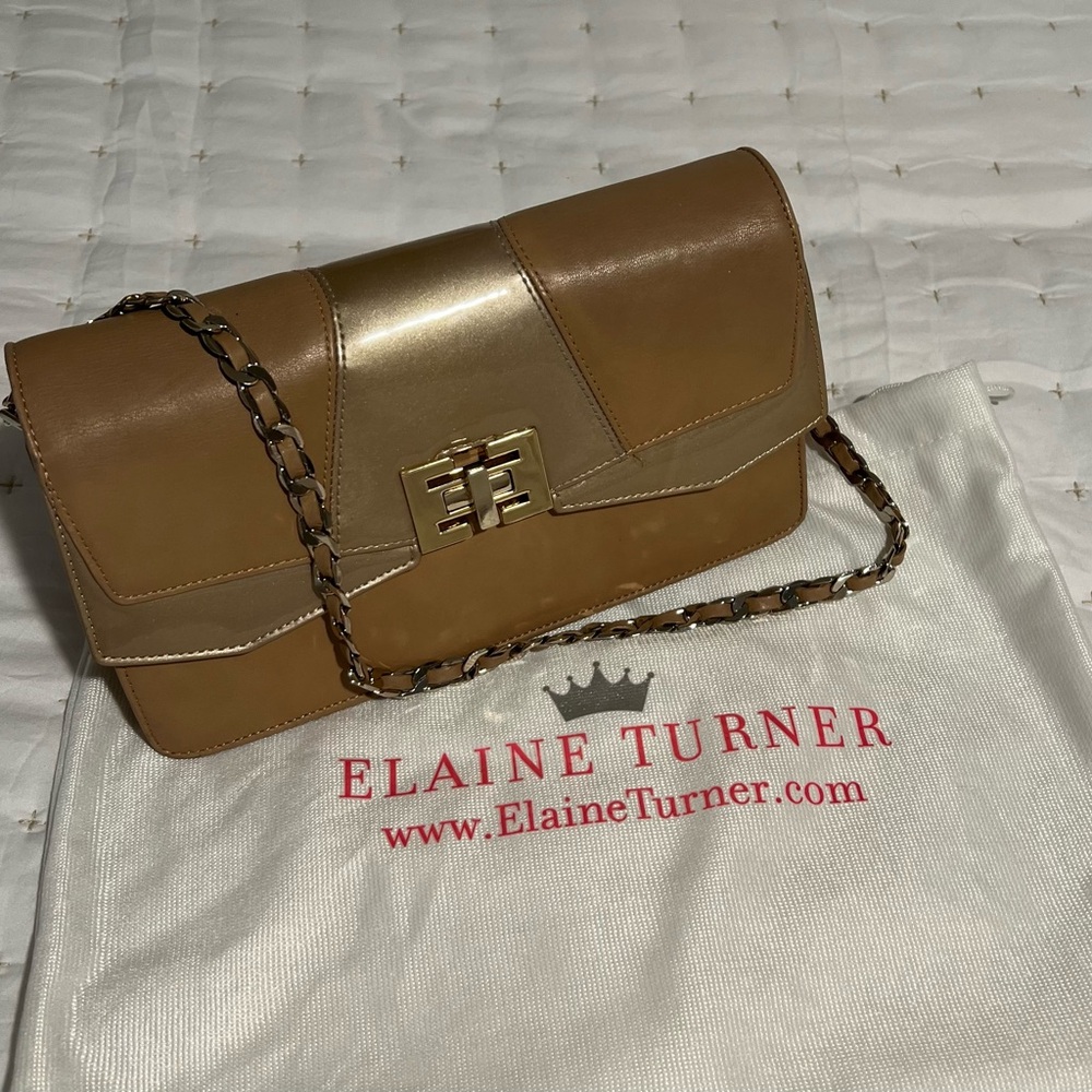 Elaine Turner Luca Blush taupe with patent trim clutch 10”x6”x3”